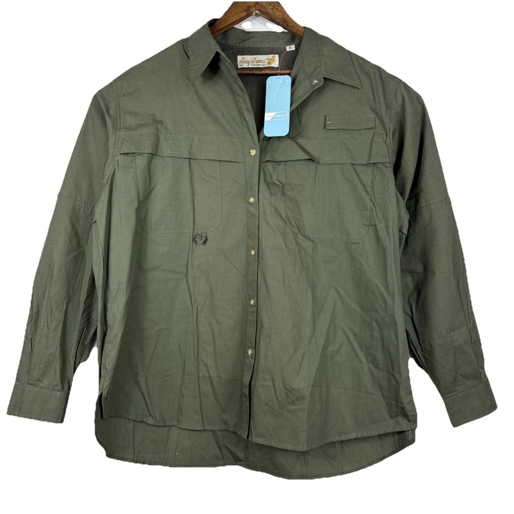 Foxy Huntress Vented‎ Shirt Womens XL Hunter Green Button up Long Sleeve Cotton